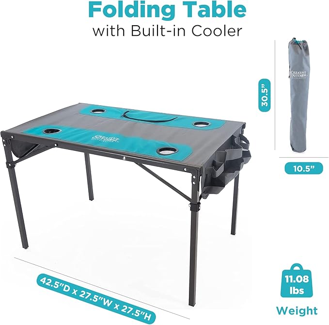 Creative Outdoors Folding Table with Built-in Cooler - Outdoor Portable Camping Table with 4 Cup Holders and Durable Steel Frame - Quality Material (Teal/Gray)