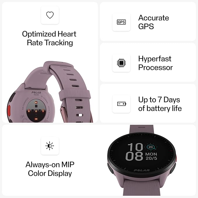 POLAR Pacer Ultra-Light GPS Fitness Tracker Smartwatch for Runners; S-L, for Men or Women, Purple