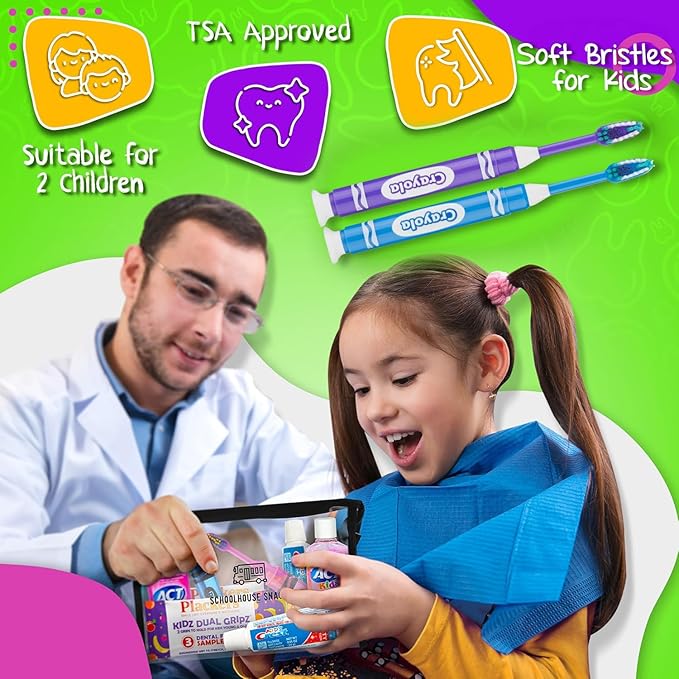 Kids Travel Size Toiletries Bag with Essential Oral Care Items - Bundled with Crest Kids Toothpaste, Travel toothbrush kids, ACT Mouthwash, Floss Packs - Ideal Essentials for Children