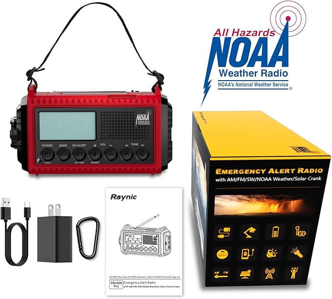 Raynic Emergency Radio, 5000mAh/18500mWh Weather Radio, Solar Hand Crank Emergency Radio with AM/FM/SW/NOAA, Cell Phone Charger, Headphone Jack, Flashlight, Type-C Charging and SOS Siren for Hurricane