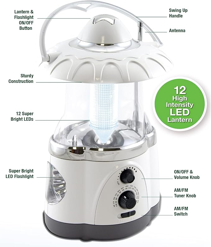 Multifunctional Radio Camping Lantern, Battery Powered, LED Lantern, Tent Light, Perfect Lantern Flashlight for Hurricane, Emergency, Survival Kits, Hiking, Fishing, Home Decor , White, 10"x6"x6"