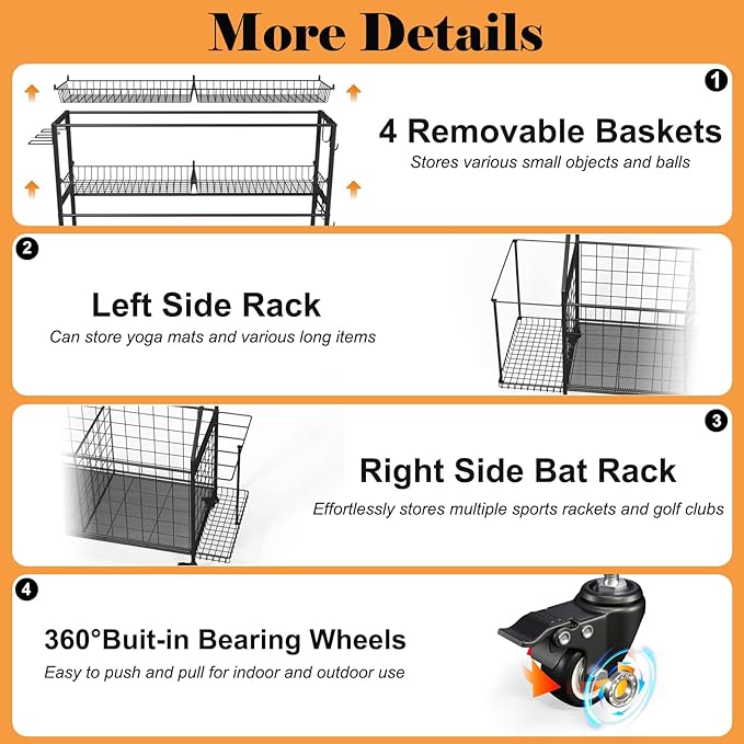 Sport Equipment Organizer, Garage Ball Storage Racks - Outdoor Toy Storage with 2 Side Racks & Removable Baskets, Heavy-Duty Garage Rolling Ball Cart with Wheels, Hooks for Sports Gear, Toys