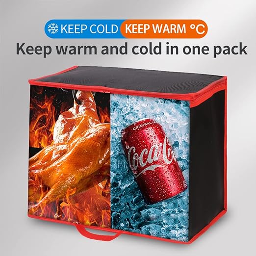 Bodaon 1-Pack Insulated Reusable Grocery Shopping Bags, X-Large Picnic Cooler Bag with Zipper Zippered Top Cold, Insulated Food/Pizza Delivery Bag (Black-Red Edge)