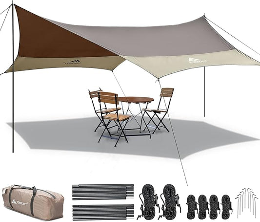 Forceatt 12x14FT Waterproof Camping Tarp with 2 Poles, Sun Shelter for Car, Tent, Hammock in Camping, Hiking, Backpacking, Garden and Traveling