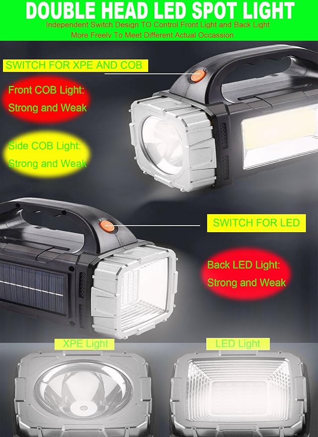 Solar Rechargeable LED Soptlight Flashlight, Super Bright 7000LM Handheld LED Searchlight, Multifunctional Camping Lantern Light, 8 Light Modes, Waterproof IPX4, Power Bank, for Emergency, Home
