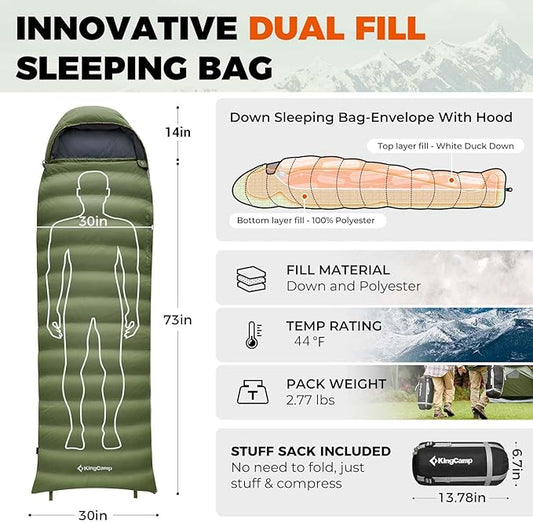 KingCamp Down Sleeping Bag for Adults, 600 FP Cold Weather 3-4 Season Sleeping Bag, Ultralight & Compact with Compression Sack for Backpacking, Camping, Hiking