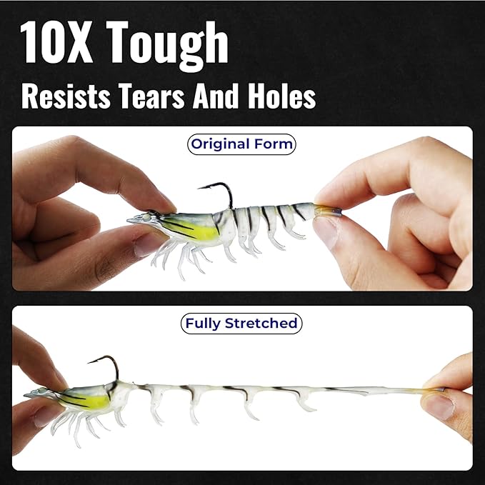 3Pcs Shrimp Fishing Lures for Saltwater and Freshwater Soft Bait Pre-Rigged Glow Eyes Lifelike Silicone Prawn Jig for Bass Trout Redfish Flounder Crappie Snook Walleye Fishing