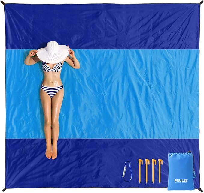 MIULEE Beach Blanket Waterproof Sandproof, Extra Large 110" x 114" Beach Mat Oversized for 5-8 Adults, Portable Lightweight Outdoor Blanket with 4 Corner Pockets for Hiking, Picnic, Travel, Camping
