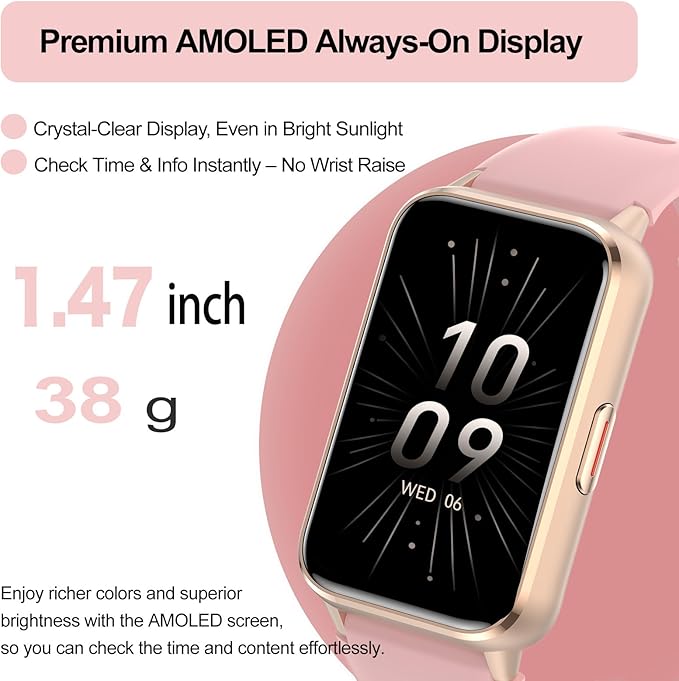 Smart Watch for Women, Fitness Tracker (Answer/Make Calls), with 1.47″ AMOLED Always-On Display, 24/7 Heart Rate, Sleep Tracking, 110+ Sport Modes, Custom watch faces, Compatible for Android Phone, A1