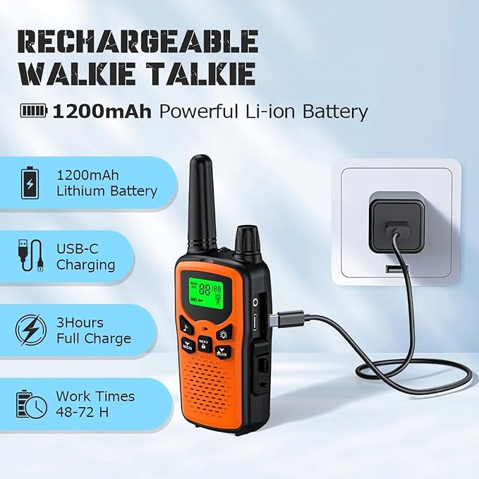 Walkie Talkie Long Range Walkie talkies with Rechargegable for Adults, 22 Channel FRS 2-Way Radios Walky Talky with LED Flashlight for Climbing, Camping Trip and Family Emergency Kit(2 Pack Orange).