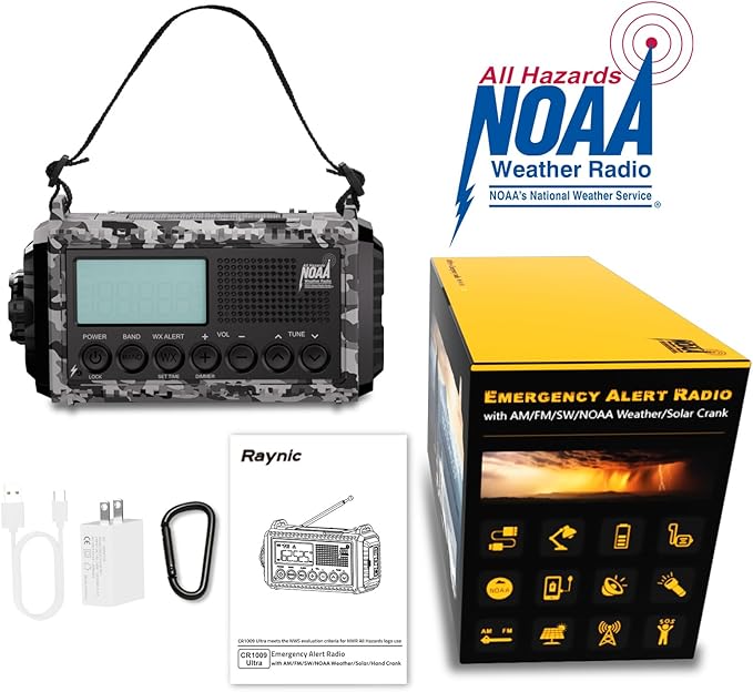 Raynic Solar Radio, 12000mAh/44400mWh Battery Operated Weather Radio, Hand Crank Emergency Radio with AM/FM/SW/NOAA Alert, Cell Phone Charger, Type-C Charging, Flashlight and SOS Siren