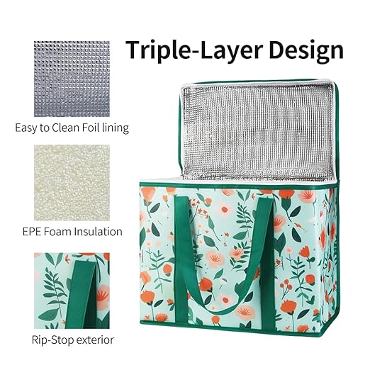 Bodaon 1-Pack Insulated Reusable Grocery Shopping Bags, X-Large Picnic Cooler Bag with Zipper/Zippered Top Cold, Insulated Food/Pizza Delivery Bag for Catering/Doordash/Uber Eats