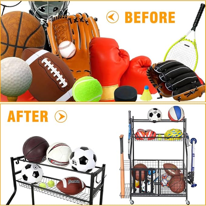 Snail Garage Sports Equipment Storage Organizer Sports Ball Storage Rolling Cart with Basket and Hooks Lockable Sports Ball Cage Storage Rack for Garages, Playgroup, Gym and Schools, Black