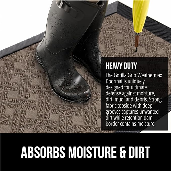 GORILLA GRIP 100% Waterproof All-Season WeatherMax Doormat, 47x35, Durable Natural Rubber, Stain and Fade Resistant, Low Profile, Indoor Outdoor Door Mats, Easy Clean Entry Mat, Taupe Basket Weave
