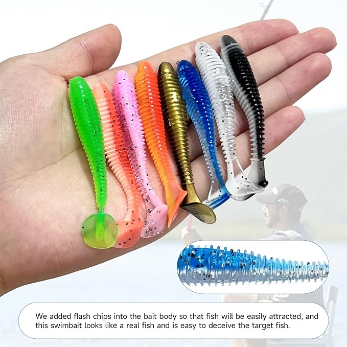 Soft Fishing Lures(96 Pcs), Unique Vibrating Swim Action, Paddle Tail Swimbaits Soft Plastic Lures for Trout Crappie Walleye Sea Bass(96 Pcs, 8 Colors)