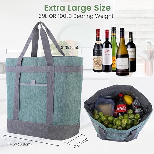 Insulated Reusable Tote Bag for Grocery Shopping for Women/Men, Waterproof Cooler Bags for Travel/Beach/Picnic, Pizza/Food Delivery Bag to Keep Food Cold/Hot for Doordash (Oxford Cloth, Green)
