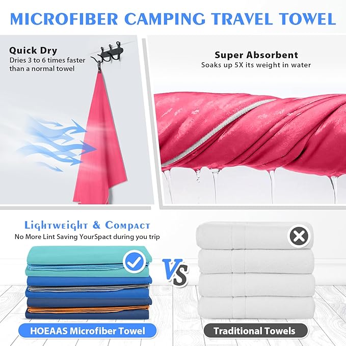 HOEAAS 2 Pack Microfiber Camping Towels, Quick Dry Towel, Super Absorbent Ultra Compact Travel Towel Soft Lightweight Sports Towel for Sweat Fast Drying Towels for Pool,Gym,Hiking,Backpacking,Fitness