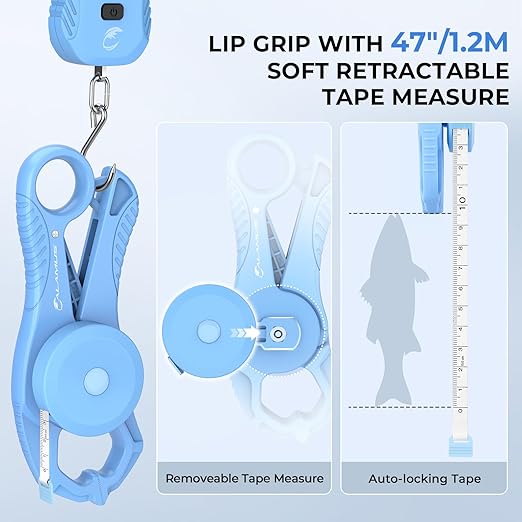 Calamus Lightweight Fish Scale & Lip Grip Combo, Rechargeable Digital Scale with USB Cable, 55lb Capacity, Lip Gripper with Soft Retractable and Detachable Measuring Tape, Fishing Gifts for Men