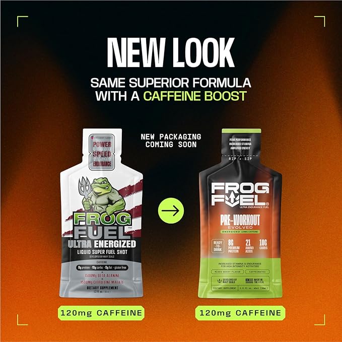 Frog Fuel Ultra Energized Pre Workout Shot & Energy Gel, 120mg Caffeine, 1500mg Beta Alanine, Electrolytes 8g Protein Nano-Hydrolyzed Grass Fed Collagen, 10g Carbs, Berry, 1.2 oz Packets, 24 Pack