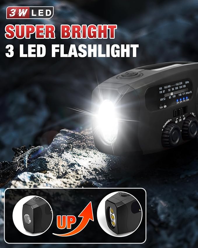 Emergency Hand Crank Radio Emgykit - 2000mAh/7400mWh AM/FM/NOAA Solar Hand Crank Emergency Radio with 3 LED Flashlights, SOS Function for Emergencies, Camping - Black