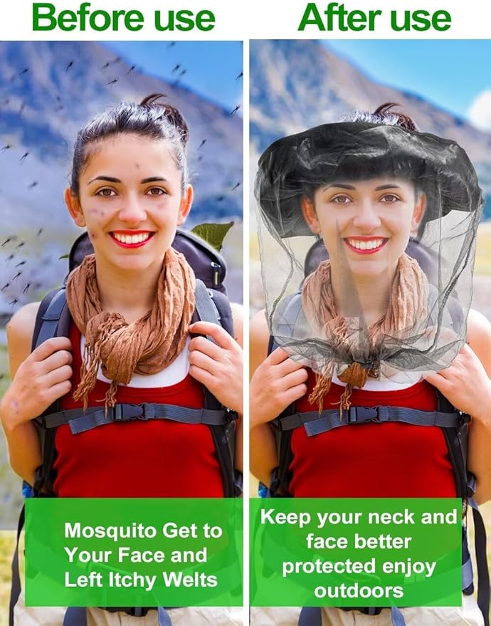 wohohoho Mosquito Head Net Mesh with Drawstring, Bug Face Netting for Hats, Mesh Face Shield for Men & Women Screen Net for Any Outdoor Lover Midges, Bugs & Gnats (4 Packs, Gray Colors, Updated Size)