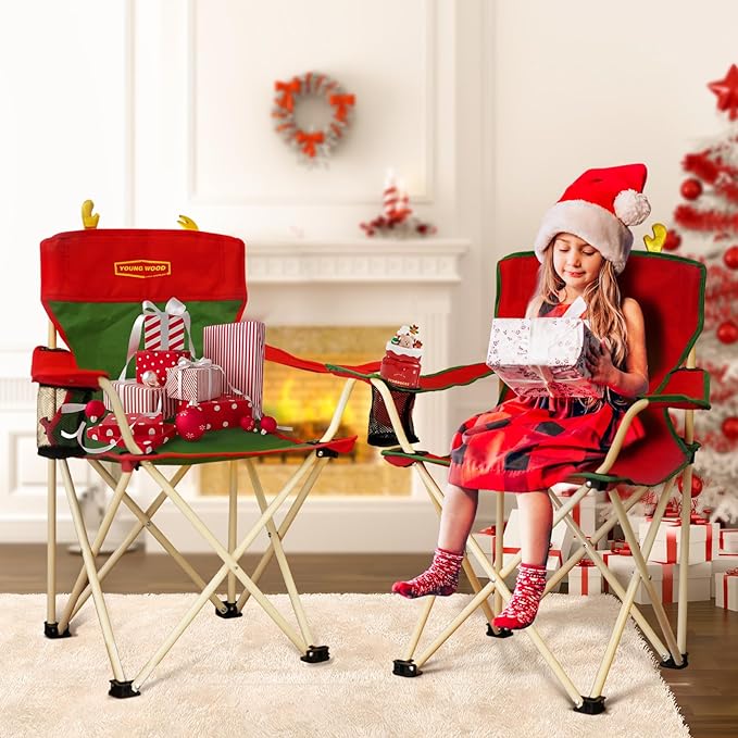 YOUNG WOOD Portable Camping Chair Beach Chair Outdoor Foldable Chair, Included Mesh Cup Holder & Safety Lock to Avoid Pinch Hand, Suitable for Christmas, Camp, Party, with Carrying Bag, Ages 2 to 7