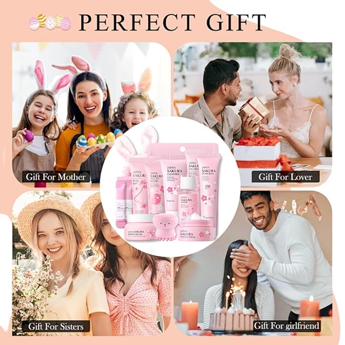 Skincare Kit Sakura Teen Girls Gifts - Skin Care Set Travel Size Toiletries - Sakura Skin Care for Teens 10-12 Hydrating - Teen Facial Kit Gift Set for Women with Bunny Headband(12PCS)