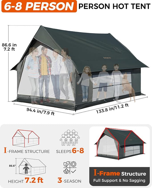 KingCamp Camping Tent 6-8 Person, Weatherproof Hot Tent Large Family Cabin Tents with Stove Jack, Waterproof & Windproof for Family Camping & Outdoor Parties