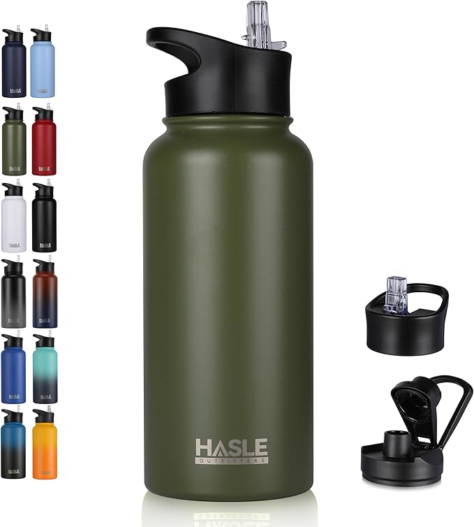 HASLE OUTFITTERS 32 oz Insulated Water Bottle Stainless Steel Double Walled Vacuum Sports Water Bottle with 2 Lids (Straw and Spout Lid) for Gym Camping Hiking(Army Green,1)