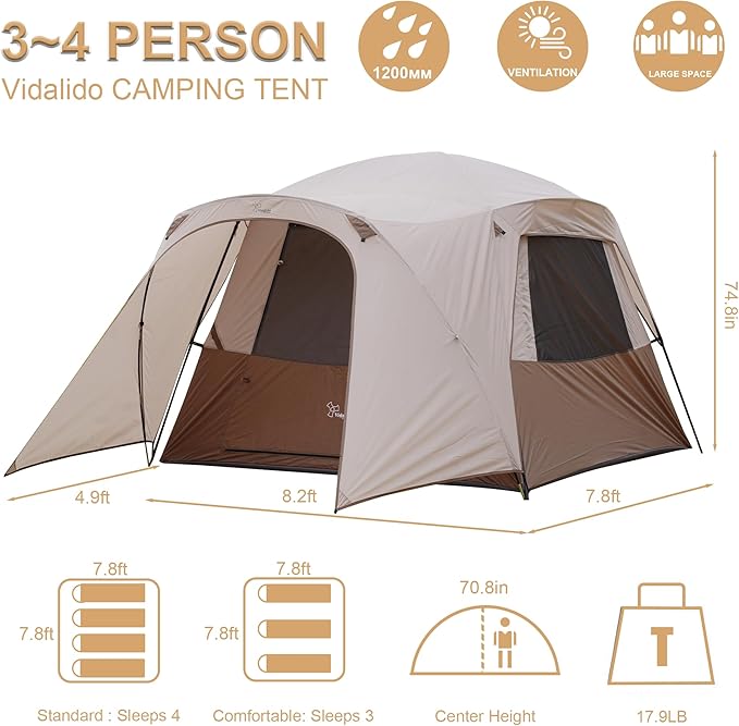 Vidalido 3-4 Person Tent with 1 Mesh Door and 2 Large Mesh Window, Double Layer Waterproof Portable Family Cabin Tent, 4 Person Tents for Outdoor Camping Hiking