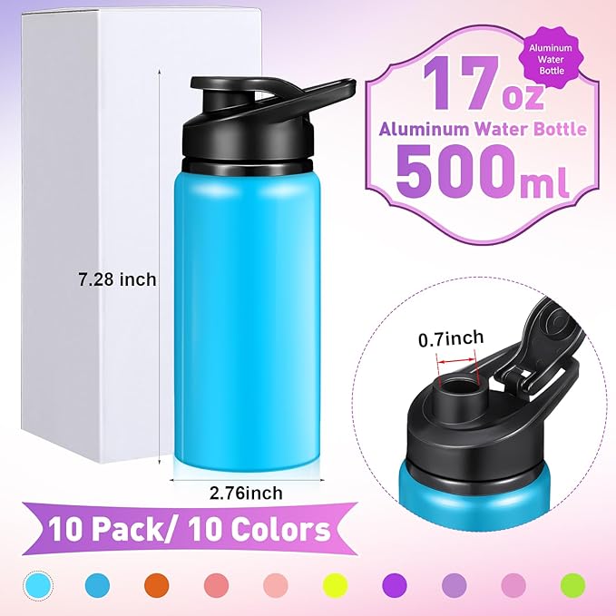 10 Pcs Reusable Aluminum Water Bottles Bulk Multicolor Outdoor Sports Water Bottles for Travel Gym Cycling Camping, Snap Lid