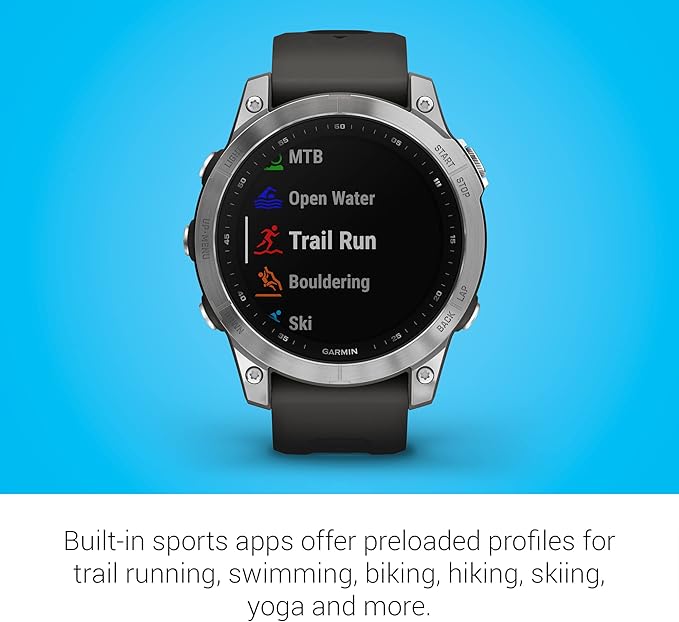 Garmin Fenix 7, Adventure smartwatch, Rugged Outdoor Watch with GPS, Touchscreen, Health and Wellness Features, Silver with Graphite Band - 010-02540-00