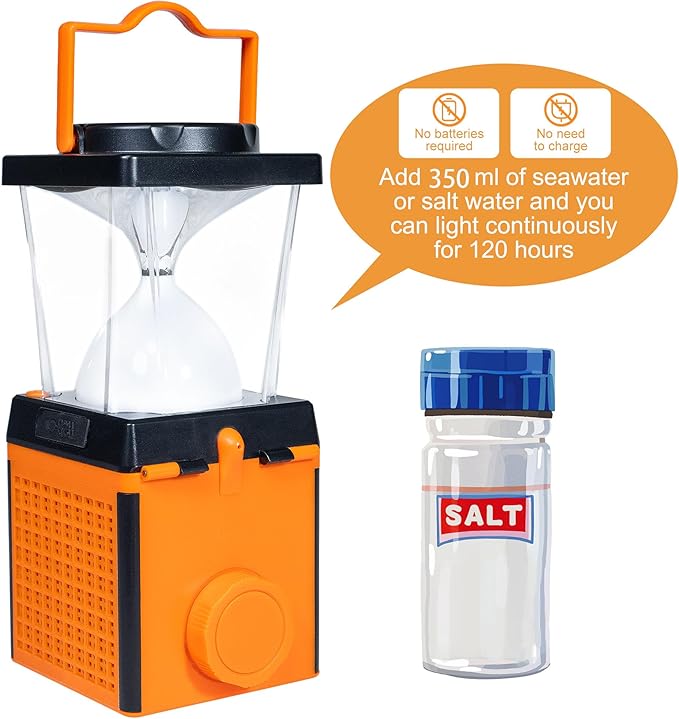 Saltwater Camping Lantern, LED, Orange, Waterproof, 3.54"L x 3.54"W x 9.84"H, 350 Lumen, 150 Hour Battery Life, Solar Powered, 5V, Emergency, Hiking, Camping, Hurricane