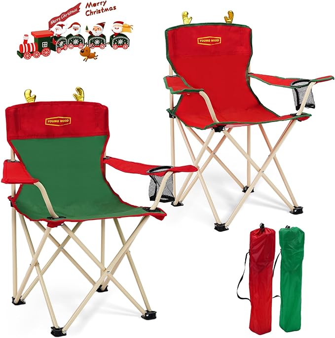 YOUNG WOOD Portable Camping Chair Beach Chair Outdoor Foldable Chair, Included Mesh Cup Holder & Safety Lock to Avoid Pinch Hand, Suitable for Christmas, Camp, Party, with Carrying Bag, Ages 2 to 7