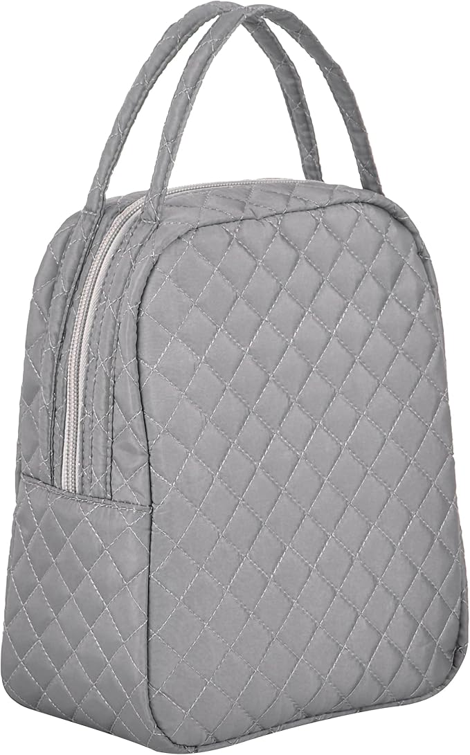 Machine Washable Women Quilted Fabric Insulated Reusable Cooler Lunch Bag Tote Adult Thermal Lunch Box Storage Bag for Work (Grey)