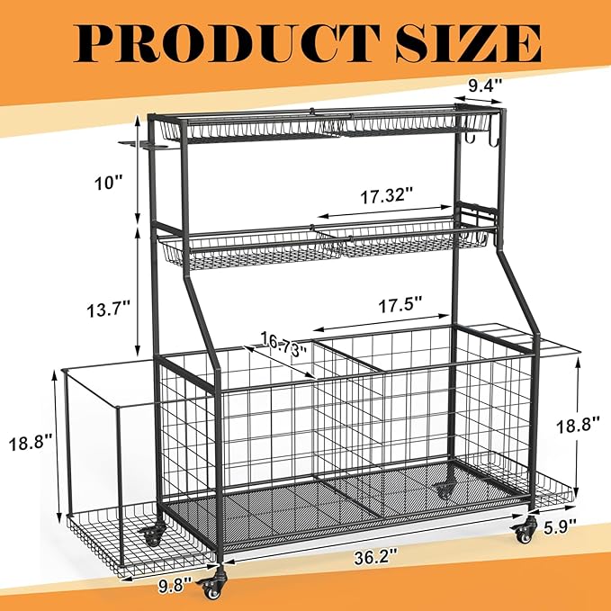 Sport Equipment Organizer, Garage Ball Storage Racks - Outdoor Toy Storage with 2 Side Racks & Removable Baskets, Heavy-Duty Garage Rolling Ball Cart with Wheels, Hooks for Sports Gear, Toys