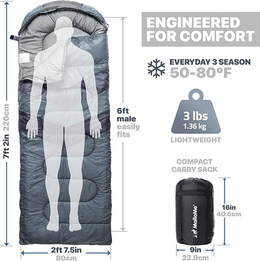 MalloMe Sleeping Bags for Adults Cold Weather & Warm - Backpacking Camping Sleeping Bag for Kids 10-12, Girls, Boys - Lightweight Compact Camping Essentials Gear Accessories Hiking Sleep Must Haves