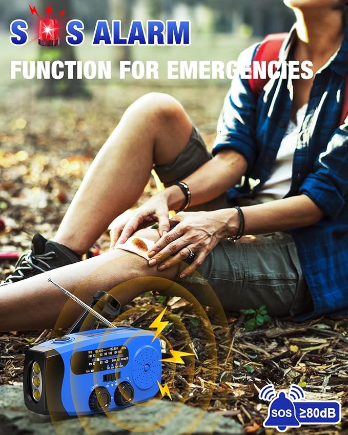 Emergency Hand Crank Radio Emgykit - 2000mAh/7400mWh AM/FM/NOAA Solar Hand Crank Emergency Radio with 3 LED Flashlights, SOS Function for Emergencies, Camping - Blue