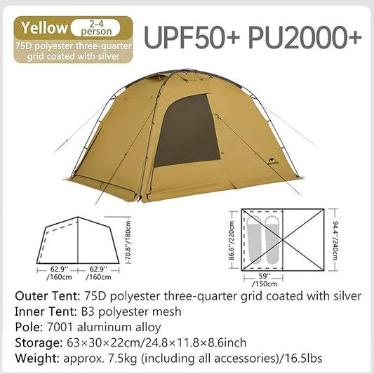 Naturehike7.6 Double Person 4-Seasons Camping Tent, UPF50+ Sun Protection Tent with 7001 Aluminum Alloy Poles, PU2000mm+ Waterproof Tent for Outdoor Camping,Picnic
