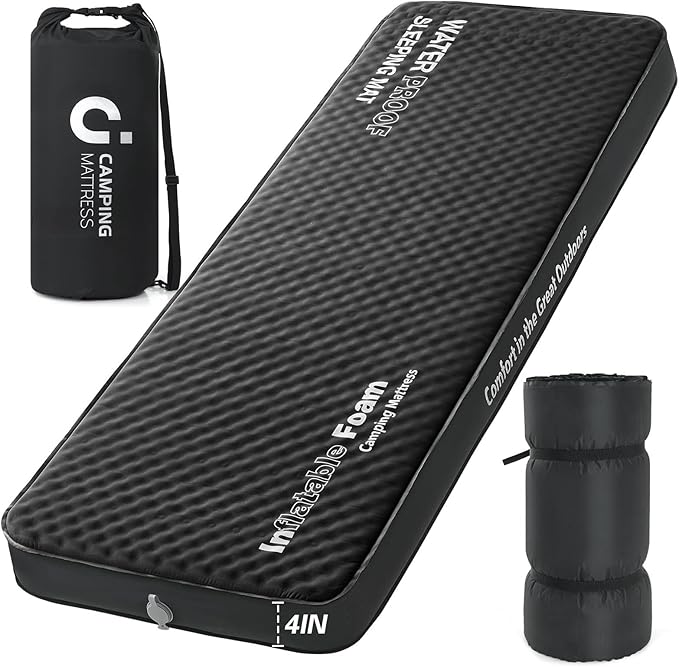 Self Inflating Sleeping Pad, 4in Ultra-Thick Foam Camping Cot Mattress with Air Pump Sack, Sleeping Mat for Adults Inflatable Camping Pad Mattress, Single Cot Bed, Travel, Car, Tent, Home, Black