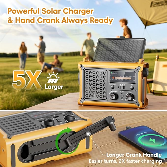 Raynic NOAA Weather Radio 12000mAh, Emergency Weather Radio with 2X Faster Solar & Hand Crank Charging, 5W Flashlight, Reading Lamp, Cell Phone Charger, SOS for Hurricane, Storm, Camping