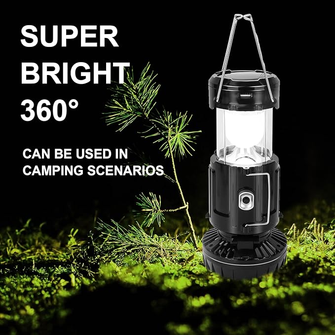 Ultra-Portable Solar&Rechargeable Camping Lantern with Fan,4 in 1 LED Power Outage Light Compact Collapsible Design for Emergency Hurricanes, Hiking, Home, Outdoor ,Survival Kit Essentials Camp Gifts