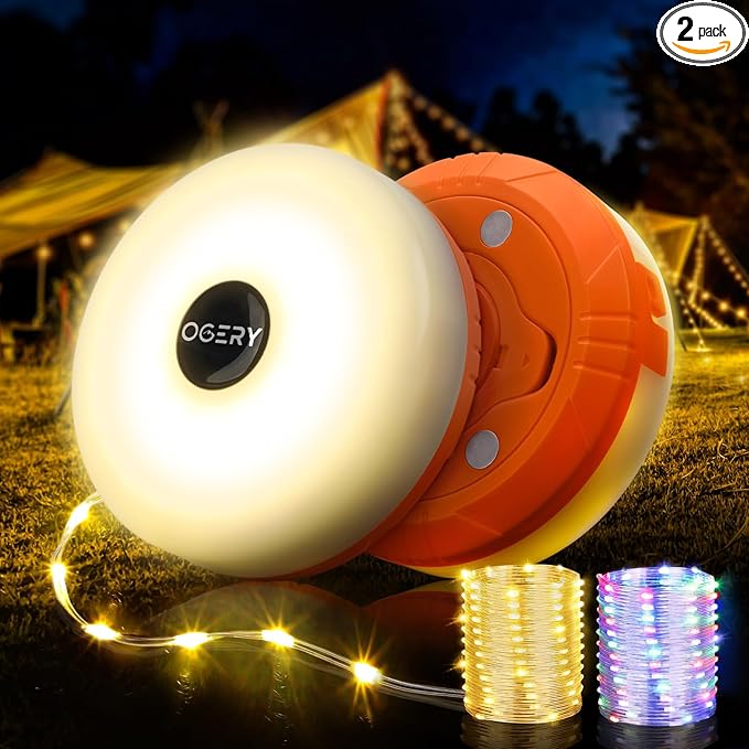 OGERY 2-Pack Camping String Lights, 2 in 1 Quick Storage 32.8FT Rechargeable Tent Lights String with 8 Lighting Modes, Hanging Waterproof Portable LED Lamp for Christmas Decor Party Bedroom Yard