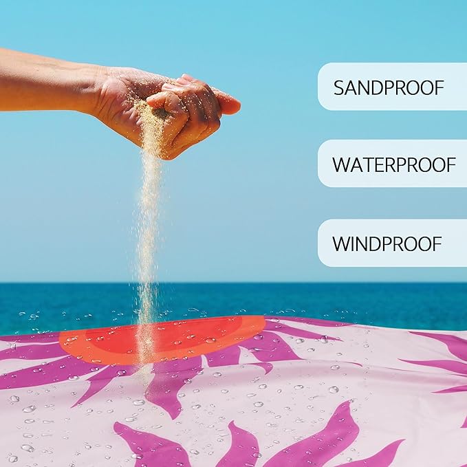 Large Beach Blanket Waterproof Sandproof, 86"×78" Beach Mat Sand Free for 2-4 Adults with Stakes and Sand Pocket, Foldable Picnic Blankets for Outdoor, Camping Hiking, Vacation Essentials-Boho Sunset