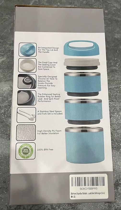 Lille Home Stackable Stainless Steel Thermal Compartment Lunch/Snack Box, 3-Tier Insulated Bento/Food Container with Lunch Bag, and Three Extra Seals, 43OZ