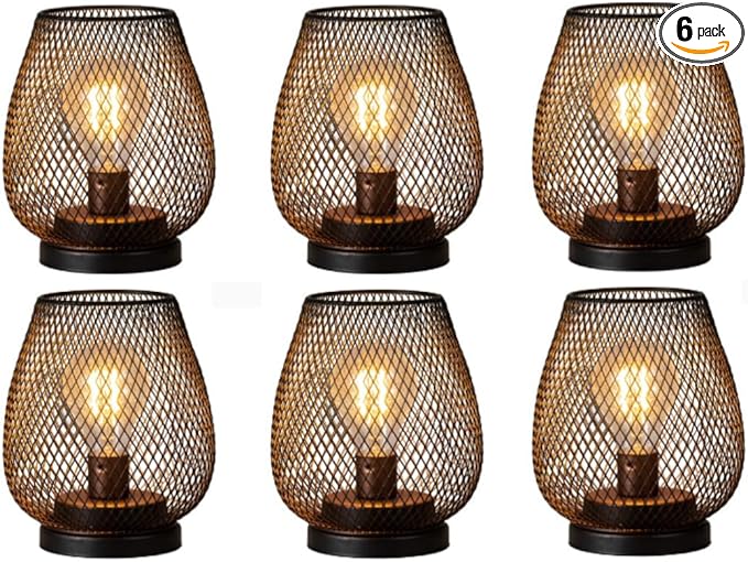 DECORKEY Set of 6 Battery Operated Lamp LED Table Lantern, Brown Metal Cage Cordless Lamps with LED Bulb,Vintage Decorative Outdoor Lantern for Weddings, Parties, Patio, Events for Indoors Shelf Decor