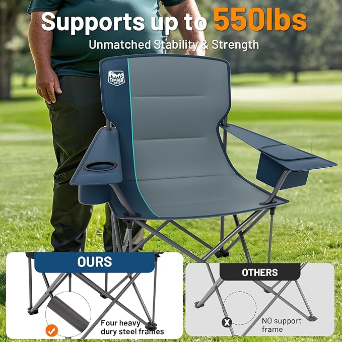 Timber Ridge 550 LBS Oversized Folding Camping Chair for Adults, Heavy Duty Outdoor Chair with Cup Holder Side Pocket for Camp, Lawn, Picnic, Navy-Upgrade
