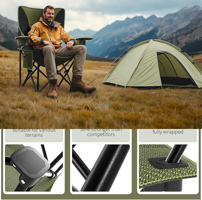 Heavy Duty Folding Chair 500LB Capacity, Oversized Camping Chairs with Cup Holder, Cooler Bag & Storage Pouch, Double-Layer Fabric, Outdoor Chairs for Sports, Lawn Chairs (2, Black Green, Extra Large)