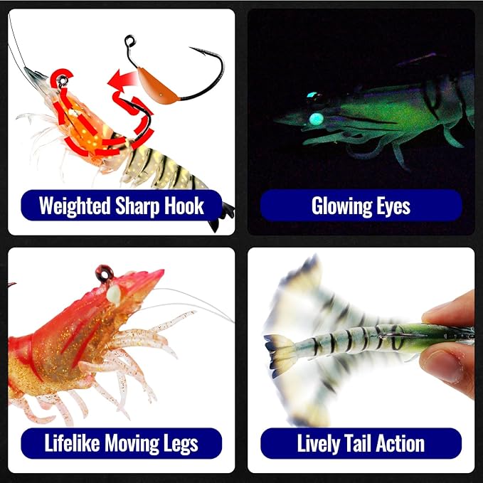 3Pcs Shrimp Fishing Lures for Saltwater and Freshwater Soft Bait Pre-Rigged Glow Eyes Lifelike Silicone Prawn Jig for Bass Trout Redfish Flounder Crappie Snook Walleye Fishing