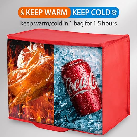 2-Pack Insulated Reusable Grocery Bag with Zippered Top, X-Large Insulated Food/Pizza Delivery Bag, Bodaon Frozen Foods Cold, Cooler Shopping Bags, Red